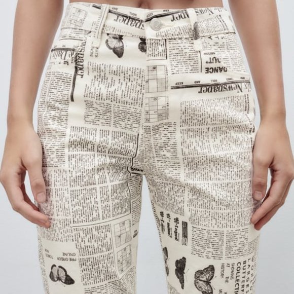 Zara Newspaper Print Straight Leg Jeans - Picture 2 of 6